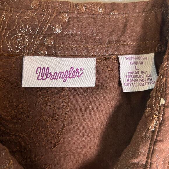 Wrangler Pearl Snap Shirt Womens Large Brown All Over Embroidered Sparkle Snaps - Picture 3 of 6